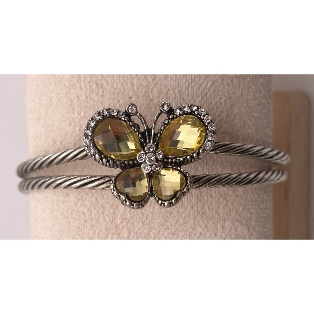 Silver Tone Yellow Rhinestone Butterfly Rope Cuff Bracelet